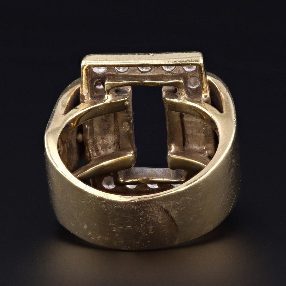 RESERVED - Mid - Century Blue Enamel and Diamond Buckle Ring of 14k Gold - Trademark Antiques