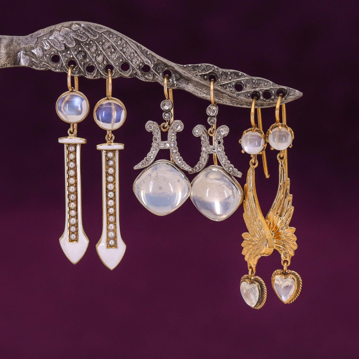 RESERVED - Vintage Moonstone and Diamond Conversion Earrings - Trademark Antiques