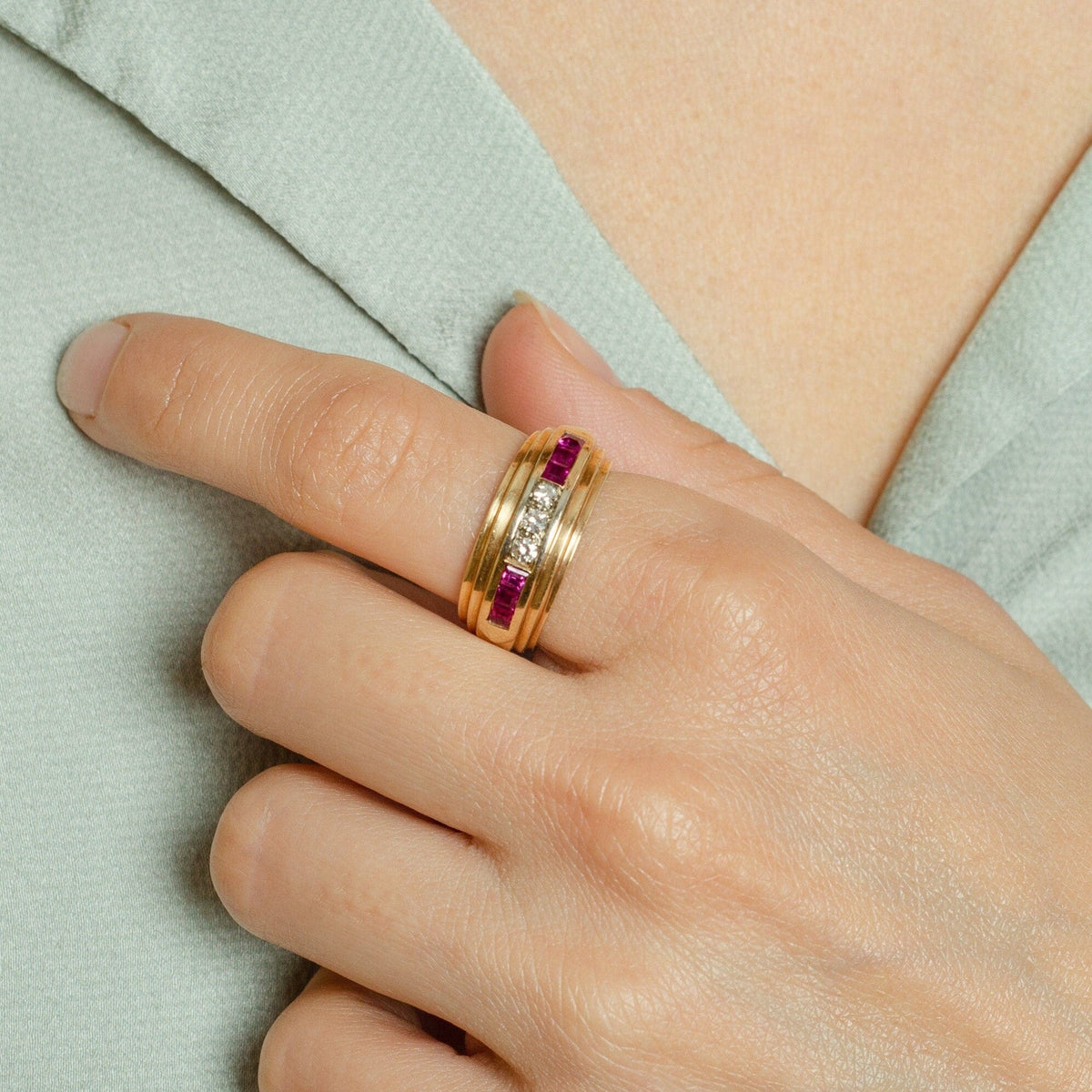 Retro Ruby and Diamond Band of 14k Gold - Trademark Antiques