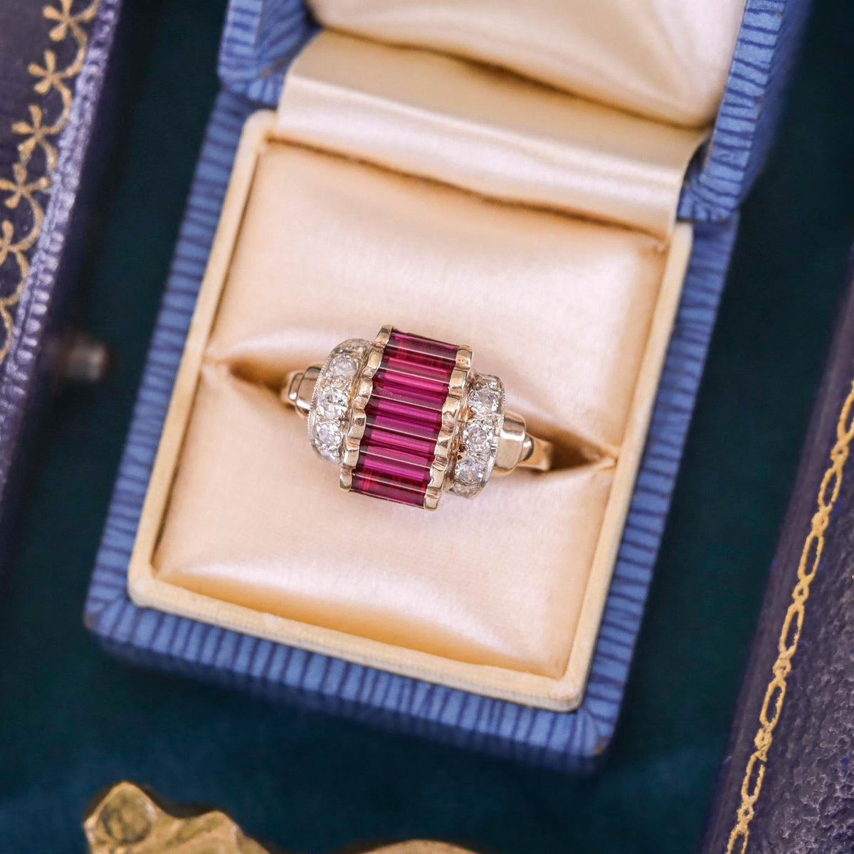 Retro Synthetic Ruby and Diamond Ring of 10k Gold - Trademark Antiques