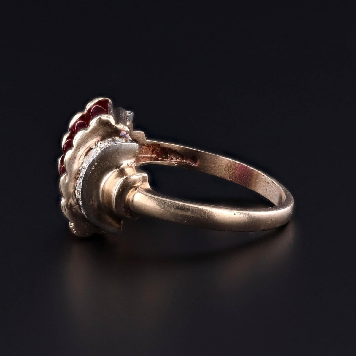 Retro Synthetic Ruby and Diamond Ring of 10k Gold - Trademark Antiques
