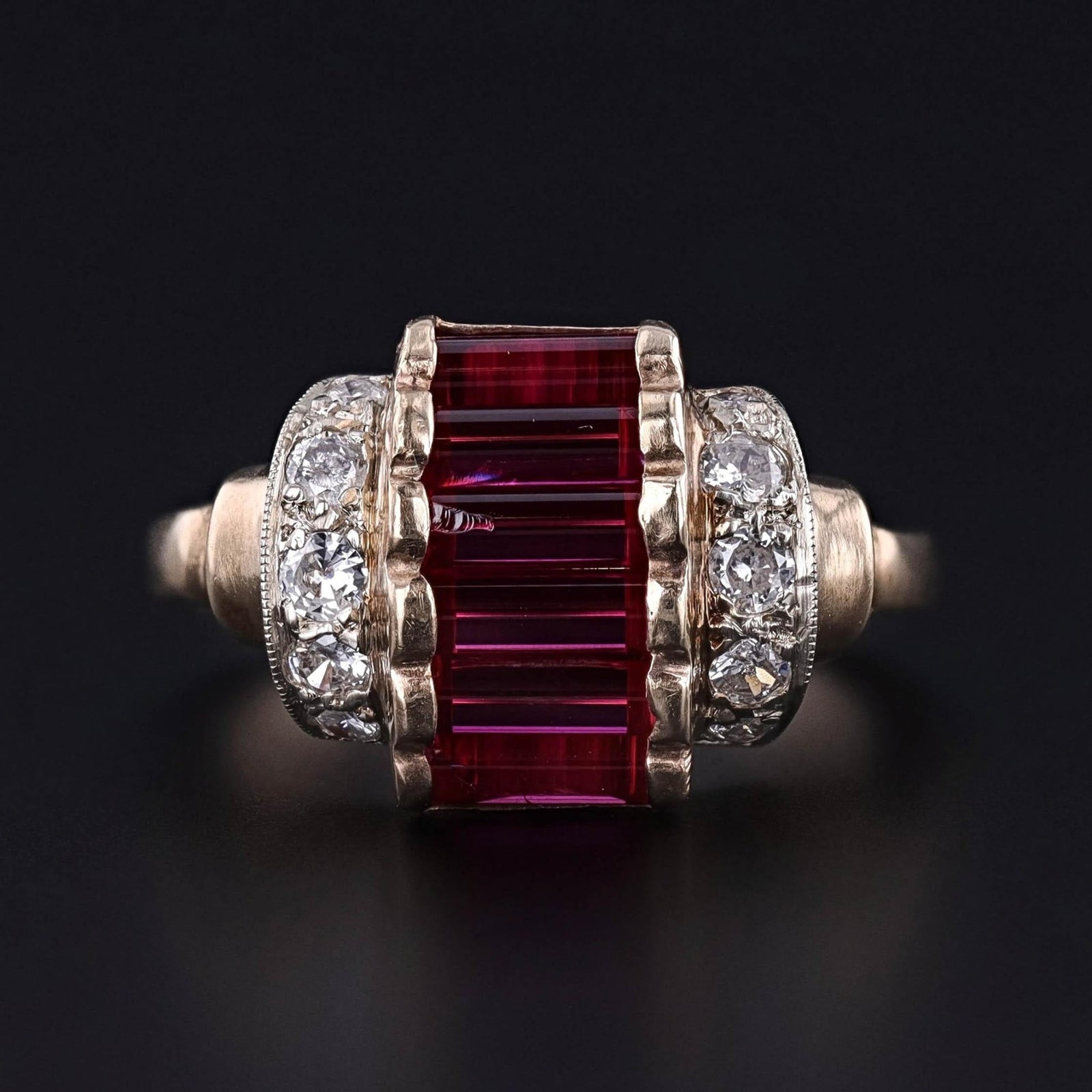 Retro Synthetic Ruby and Diamond Ring of 10k Gold - Trademark Antiques