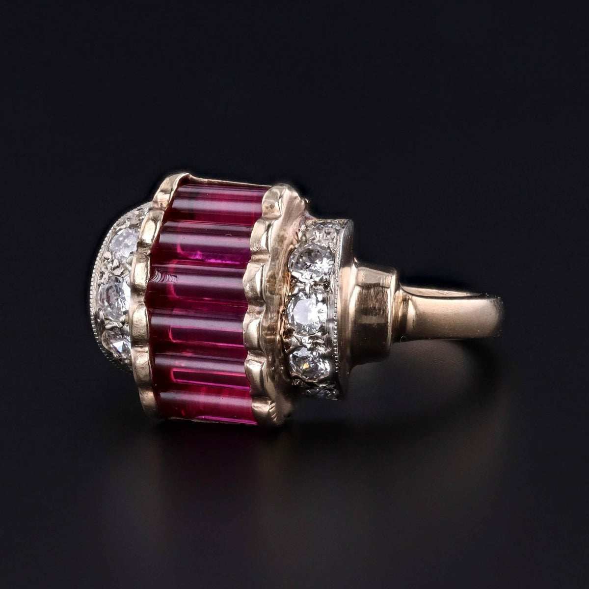 Retro Synthetic Ruby and Diamond Ring of 10k Gold - Trademark Antiques