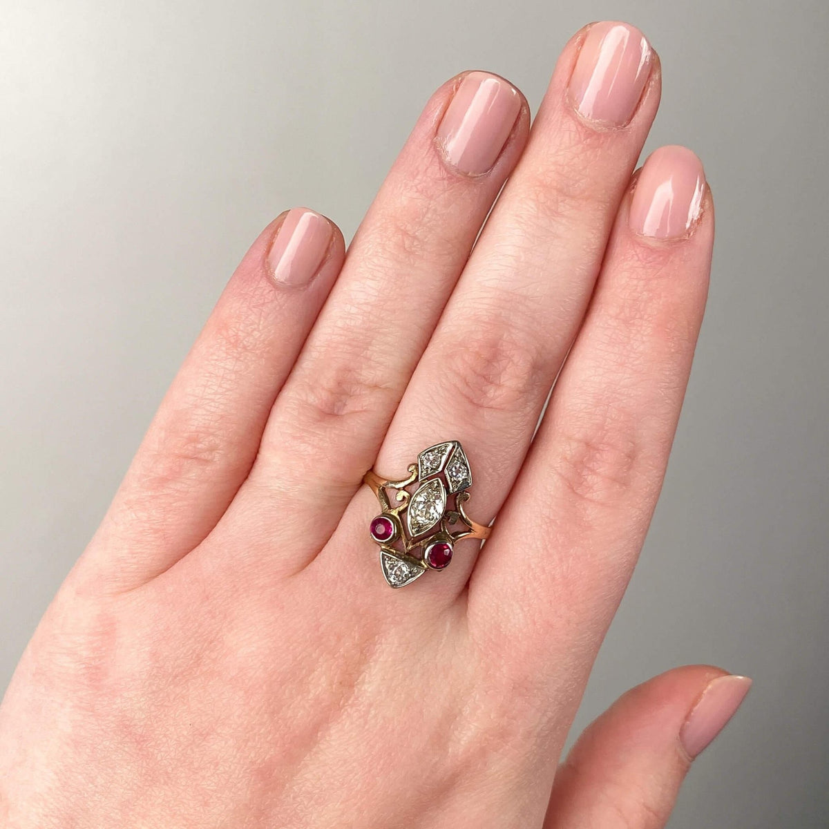 Retro Synthetic Ruby and Diamond Ring of 10k Gold - Trademark Antiques