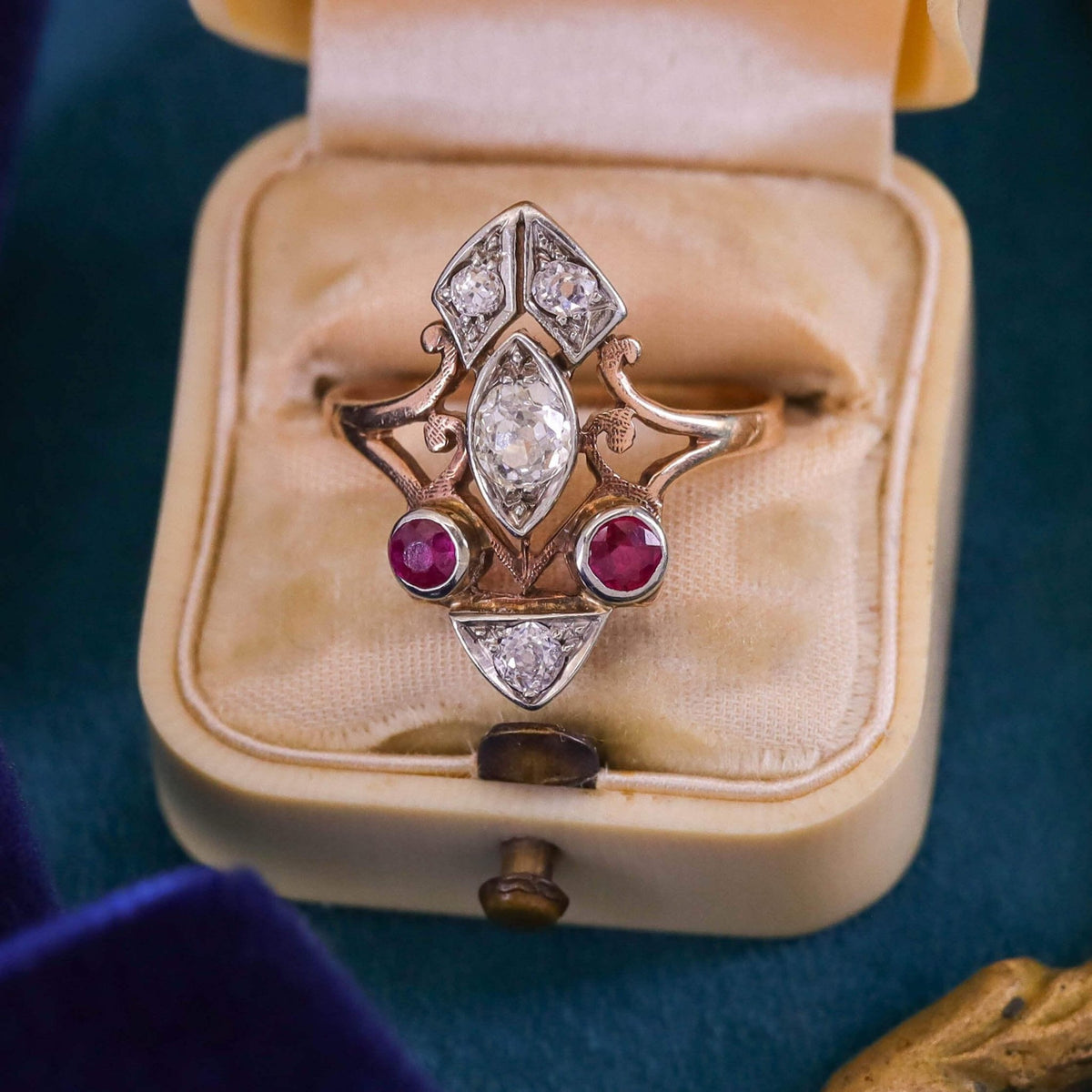 Retro Synthetic Ruby and Diamond Ring of 10k Gold - Trademark Antiques