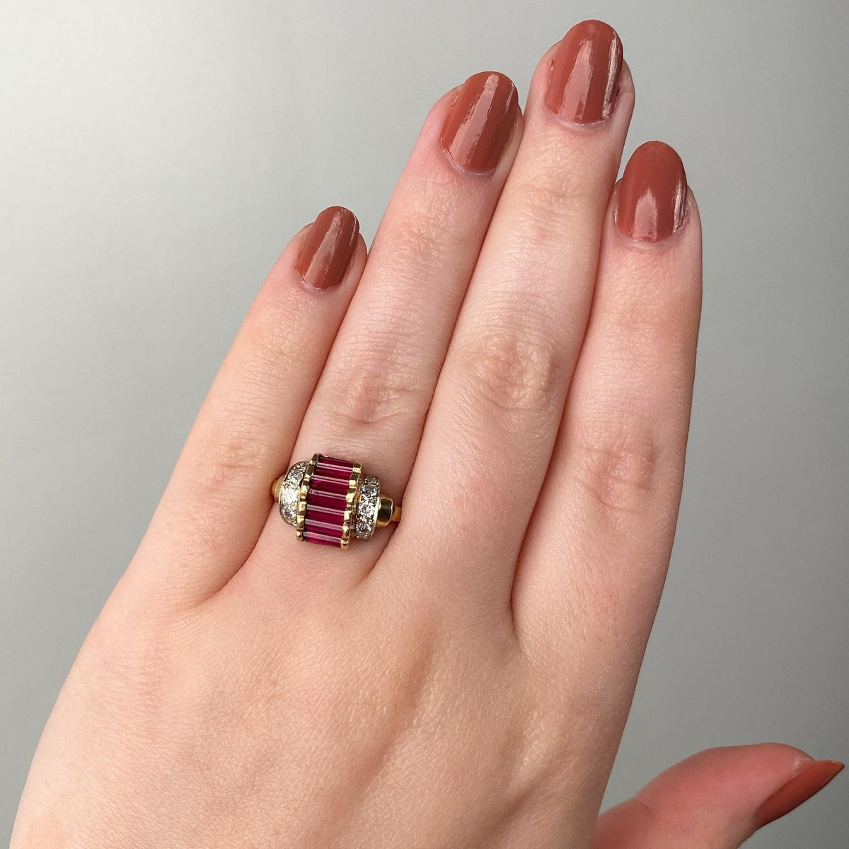 Retro Synthetic Ruby and Diamond Ring of 10k Gold - Trademark Antiques
