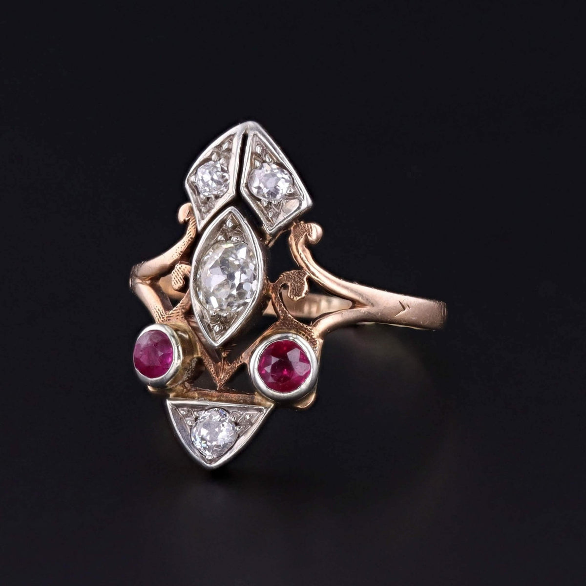 Retro Synthetic Ruby and Diamond Ring of 10k Gold - Trademark Antiques