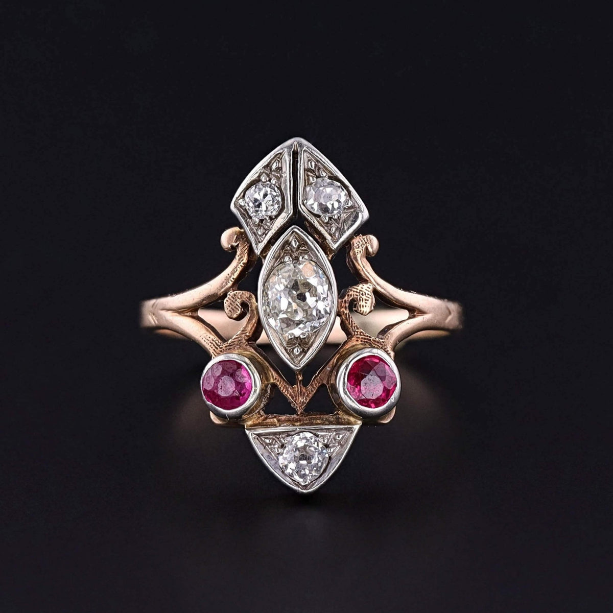 Retro Synthetic Ruby and Diamond Ring of 10k Gold - Trademark Antiques