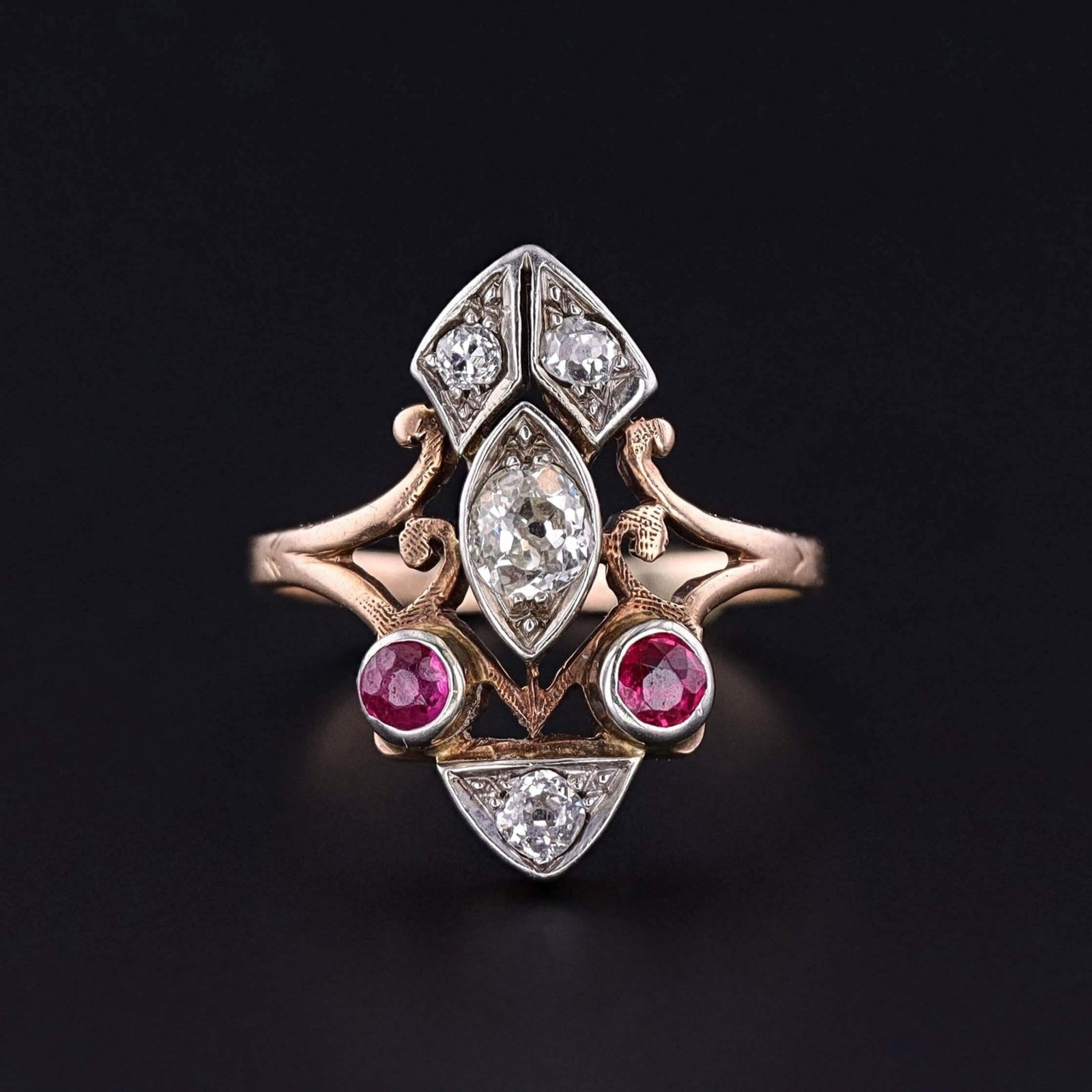 Retro Synthetic Ruby and Diamond Ring of 10k Gold - Trademark Antiques