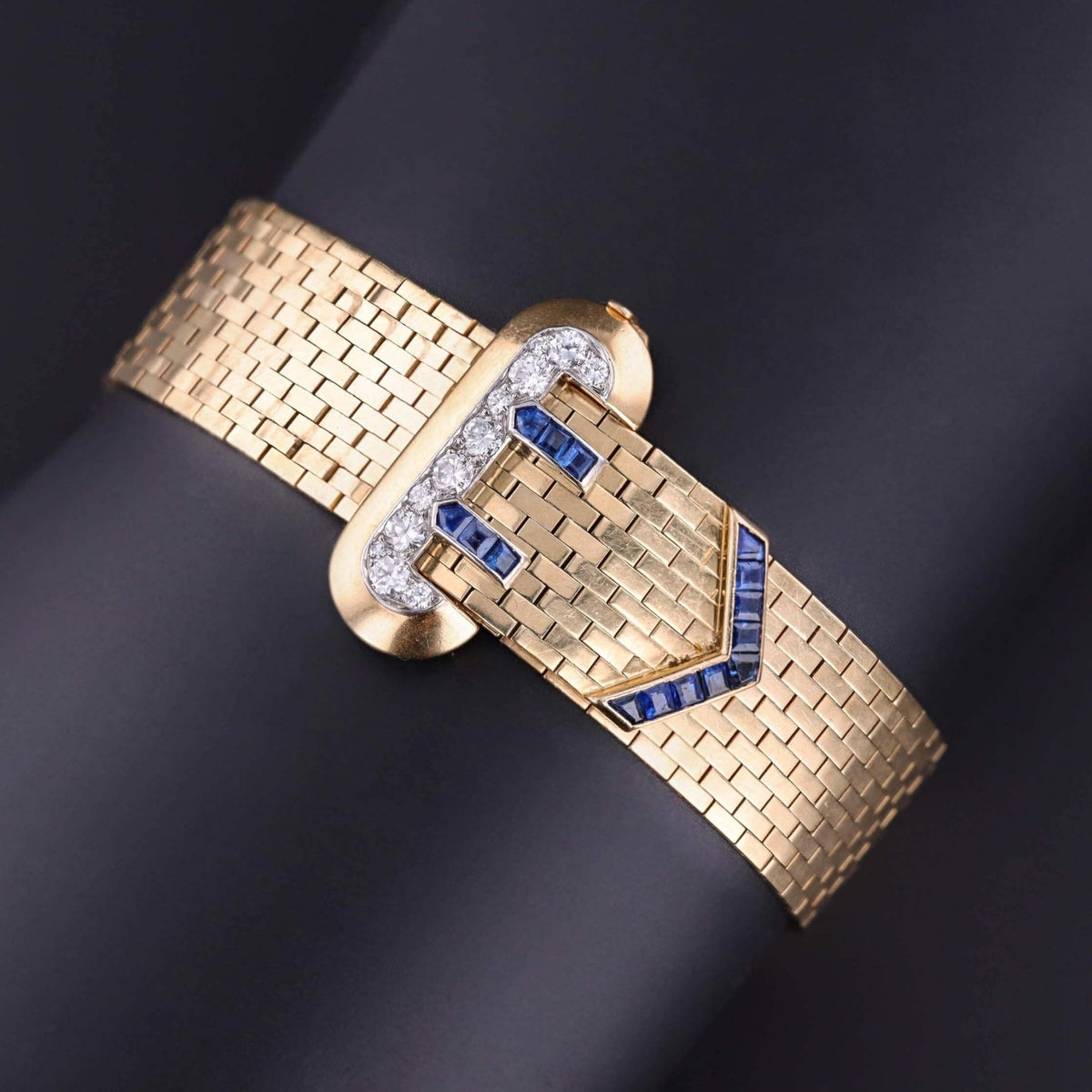 Retro Vintage Tiffany Belt &amp; Buckle Bracelet of 14k Gold Sapphire and Diamond - Trademark Antiques
