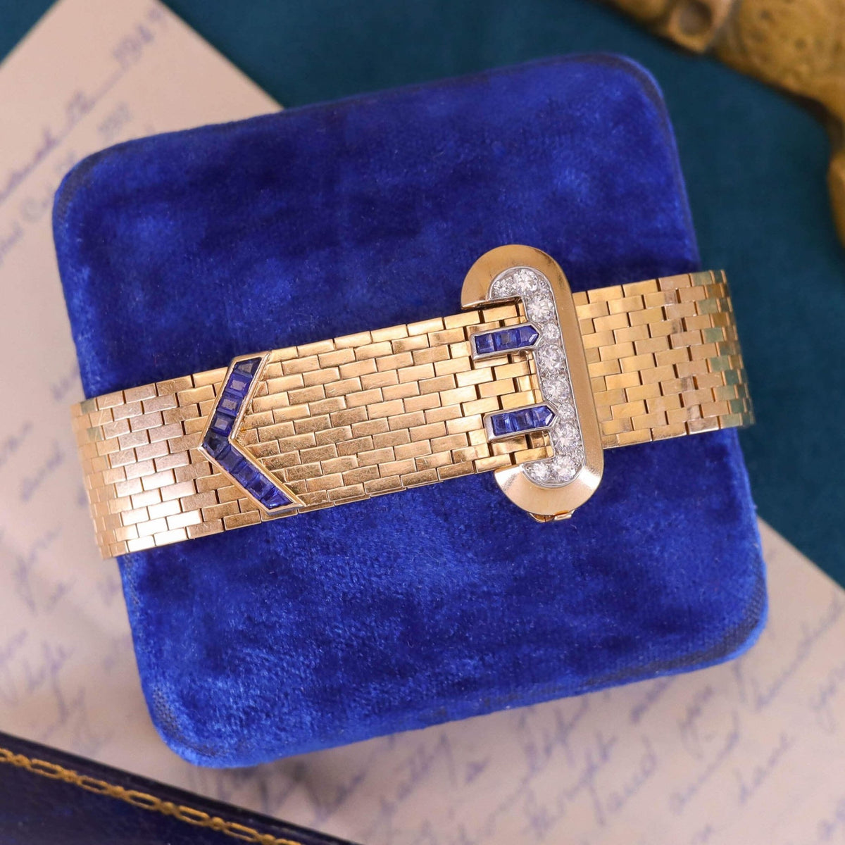 Retro Vintage Tiffany Belt &amp; Buckle Bracelet of 14k Gold Sapphire and Diamond - Trademark Antiques