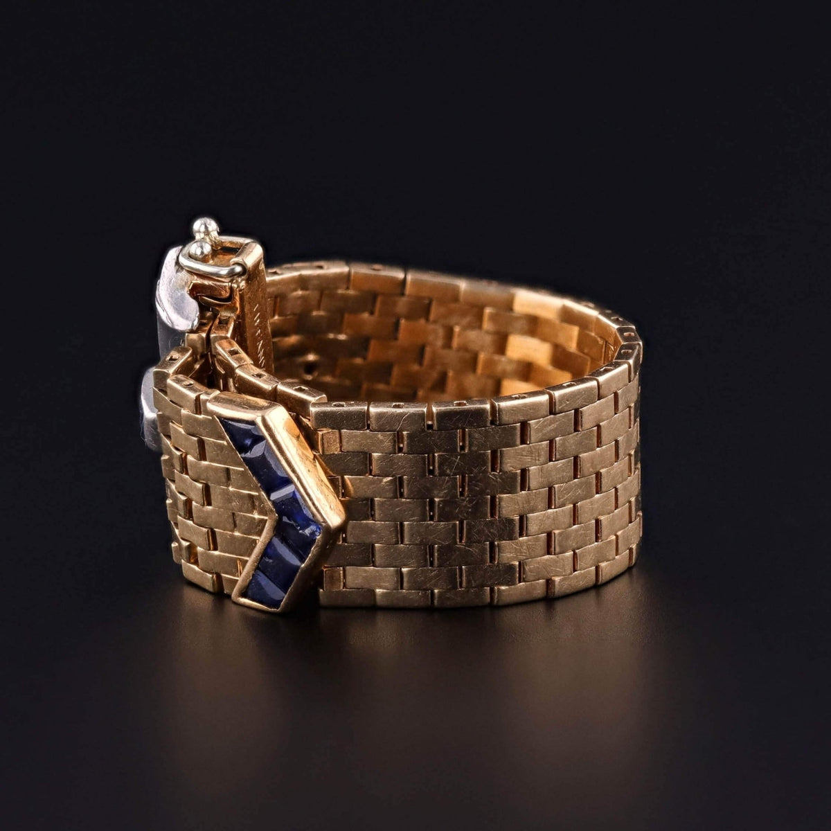 Retro Vintage Tiffany Belt &amp; Buckle Ring of 14k Gold Sapphire and Diamond - Trademark Antiques