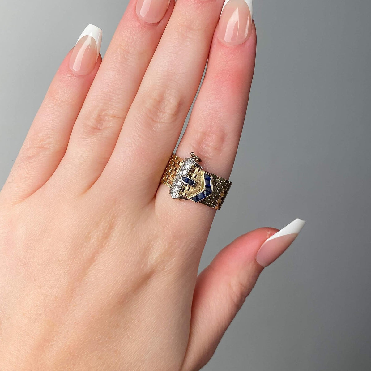 Retro Vintage Tiffany Belt &amp; Buckle Ring of 14k Gold Sapphire and Diamond - Trademark Antiques