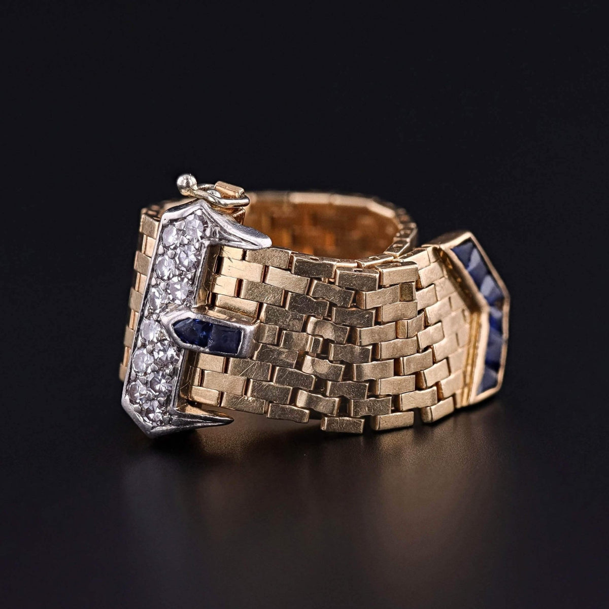 Retro Vintage Tiffany Belt &amp; Buckle Ring of 14k Gold Sapphire and Diamond - Trademark Antiques