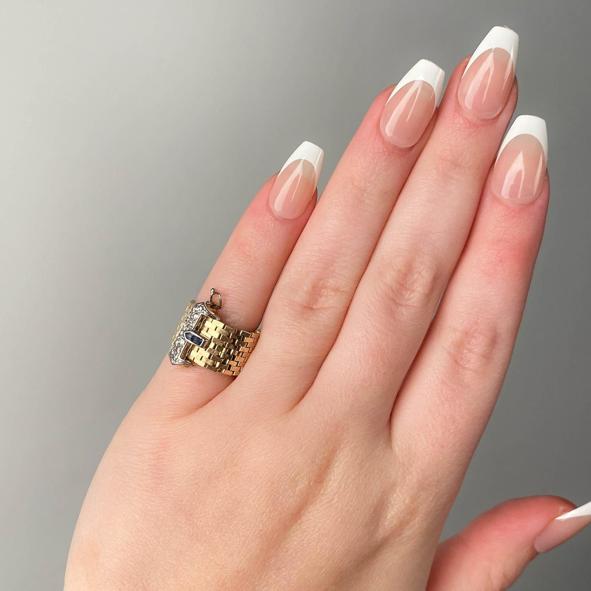 Retro Vintage Tiffany Belt &amp; Buckle Ring of 14k Gold Sapphire and Diamond - Trademark Antiques