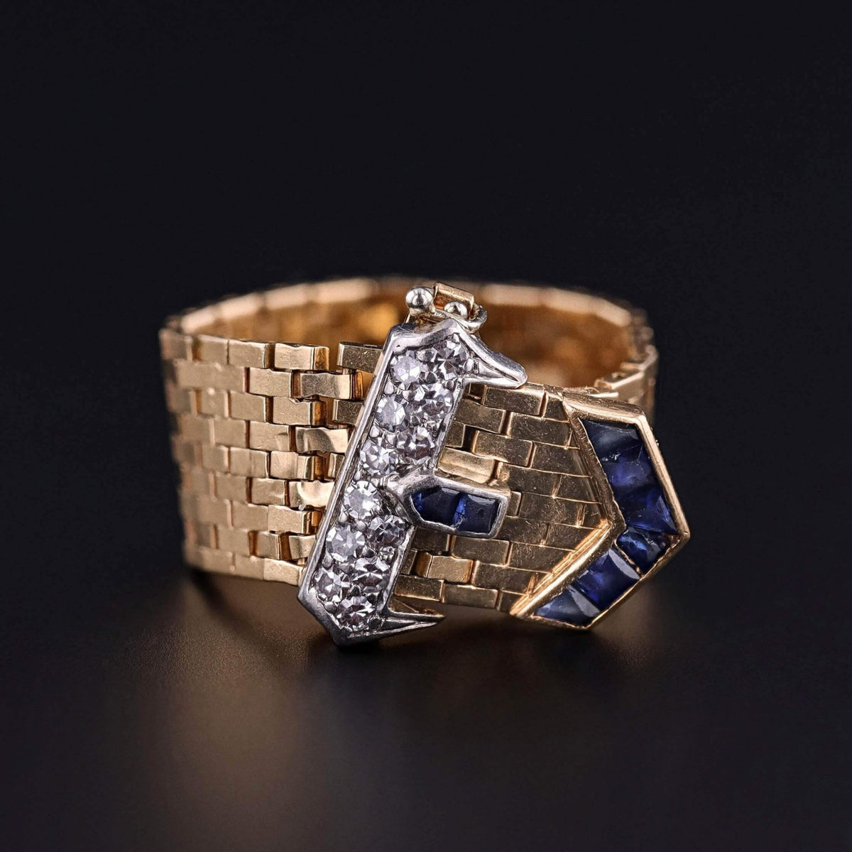 Retro Vintage Tiffany Belt &amp; Buckle Ring of 14k Gold Sapphire and Diamond - Trademark Antiques