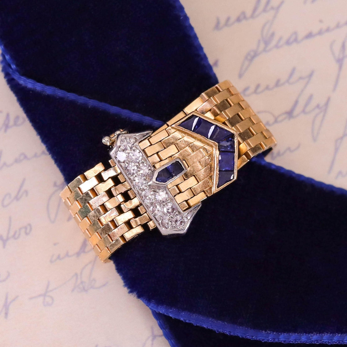 Retro Vintage Tiffany Belt &amp; Buckle Ring of 14k Gold Sapphire and Diamond - Trademark Antiques