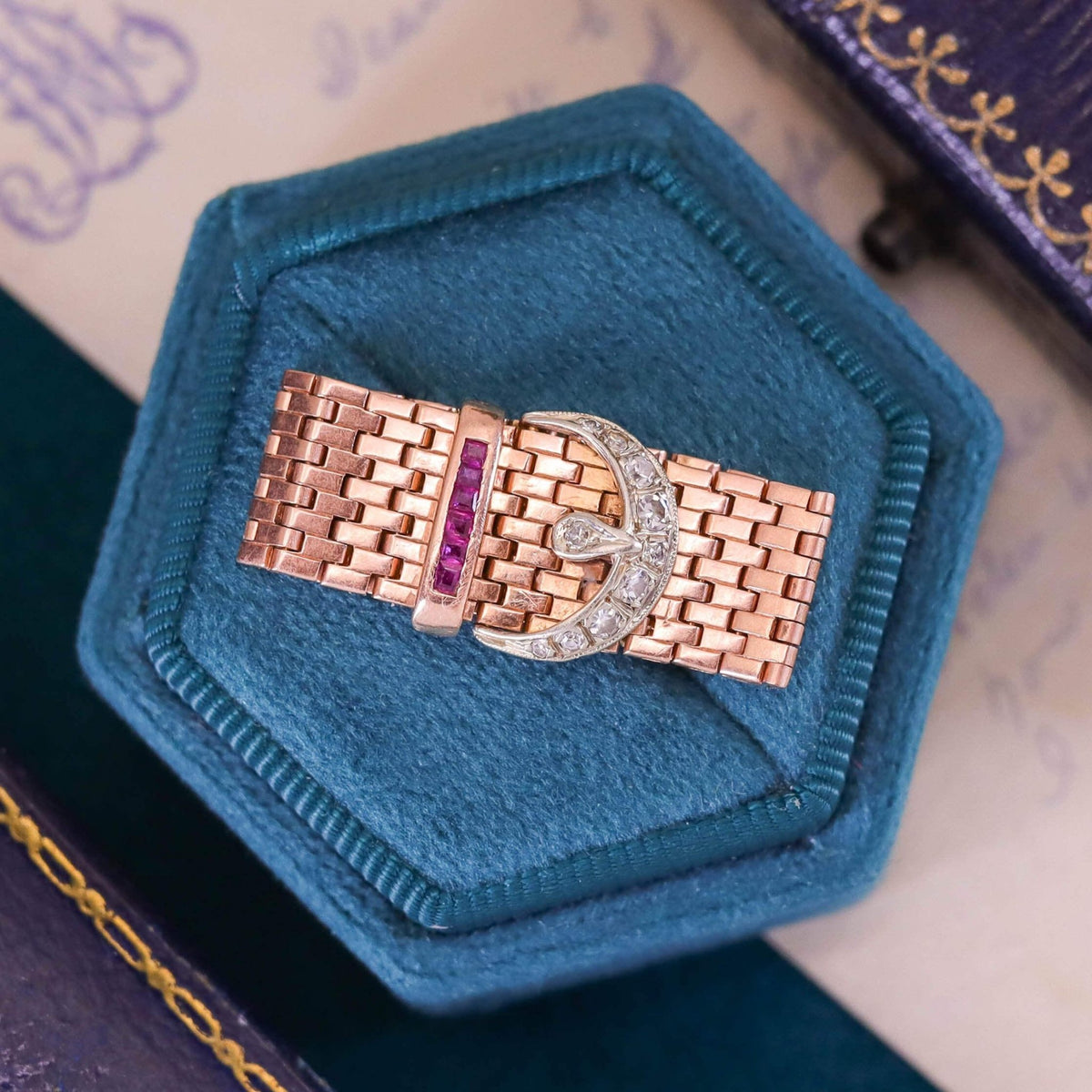 Retro Woven Buckle Ring of 14k Gold Rose Gold - Trademark Antiques