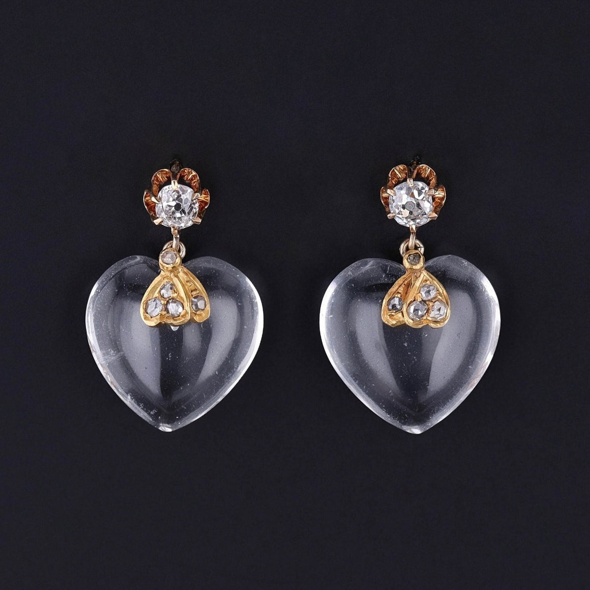 Rock Crystal Heart Earrings of 14k Gold - Trademark Antiques
