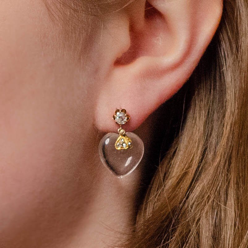 Rock Crystal Heart Earrings of 14k Gold - Trademark Antiques