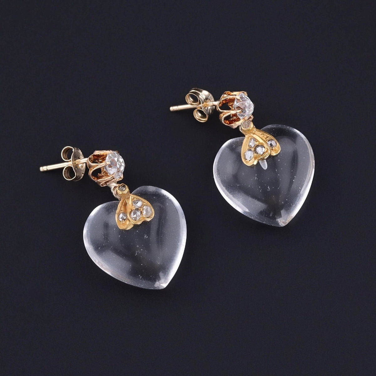 Rock Crystal Heart Earrings of 14k Gold - Trademark Antiques