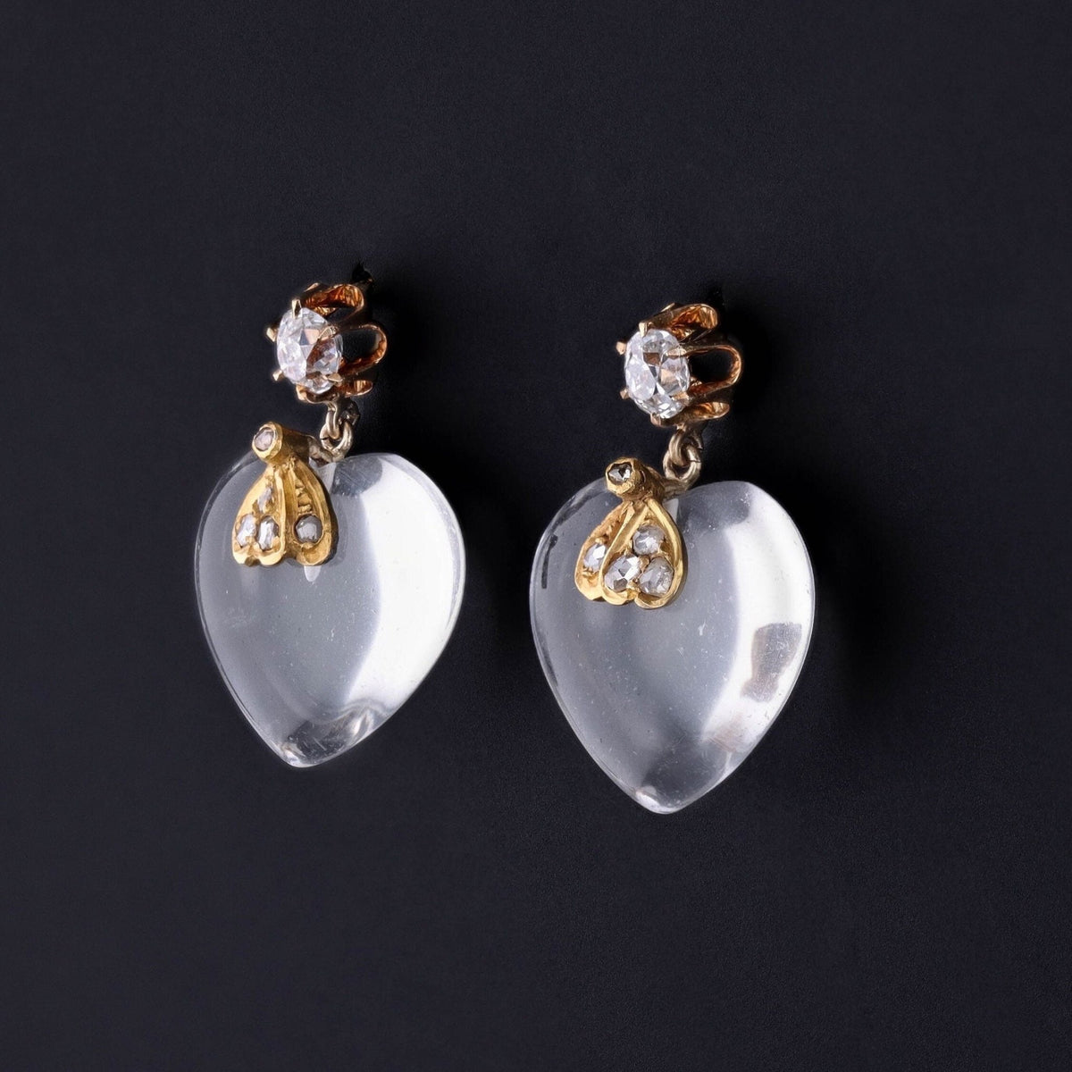 Rock Crystal Heart Earrings of 14k Gold - Trademark Antiques