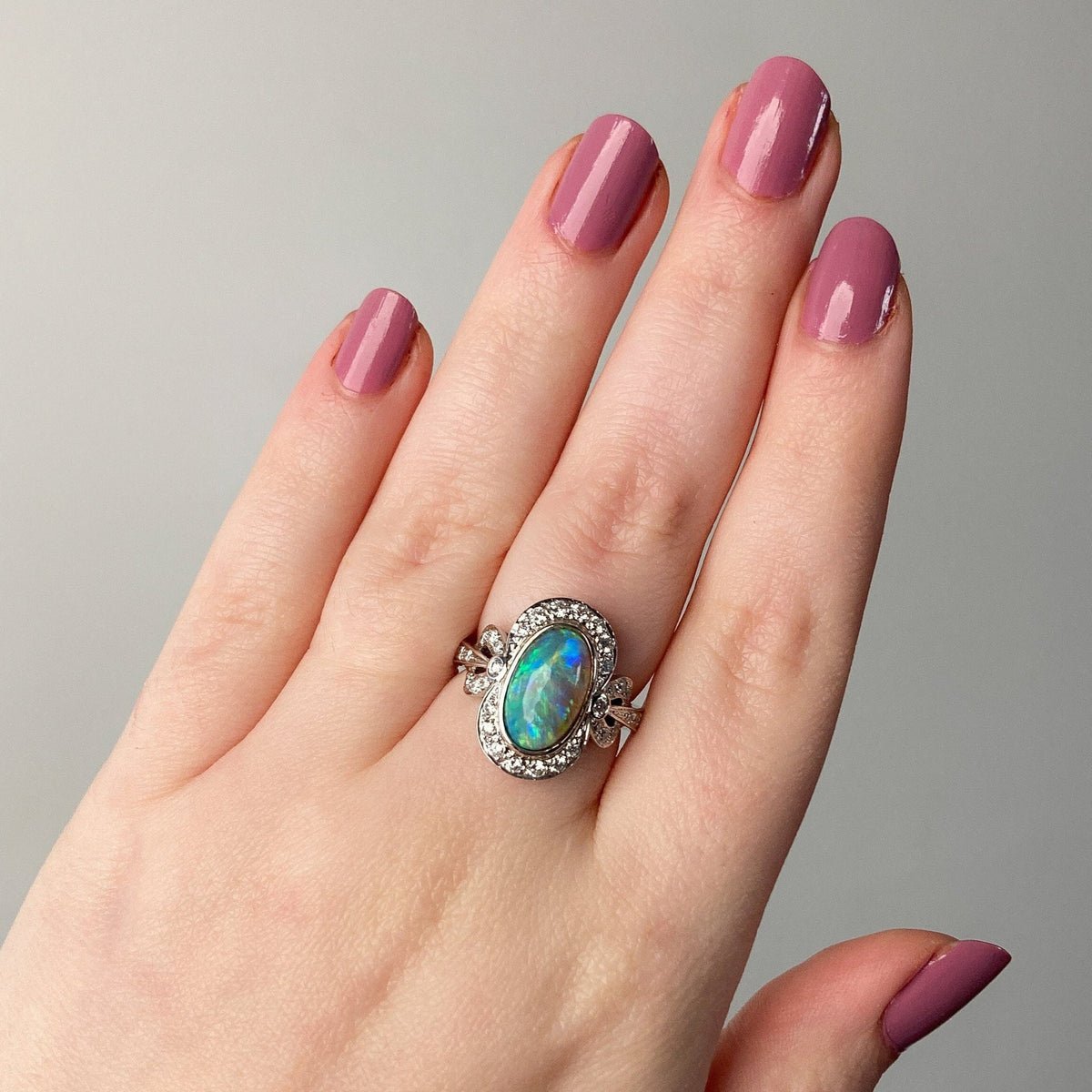 Semi Black Opal and Diamond Ring of 18k White Gold - Trademark Antiques