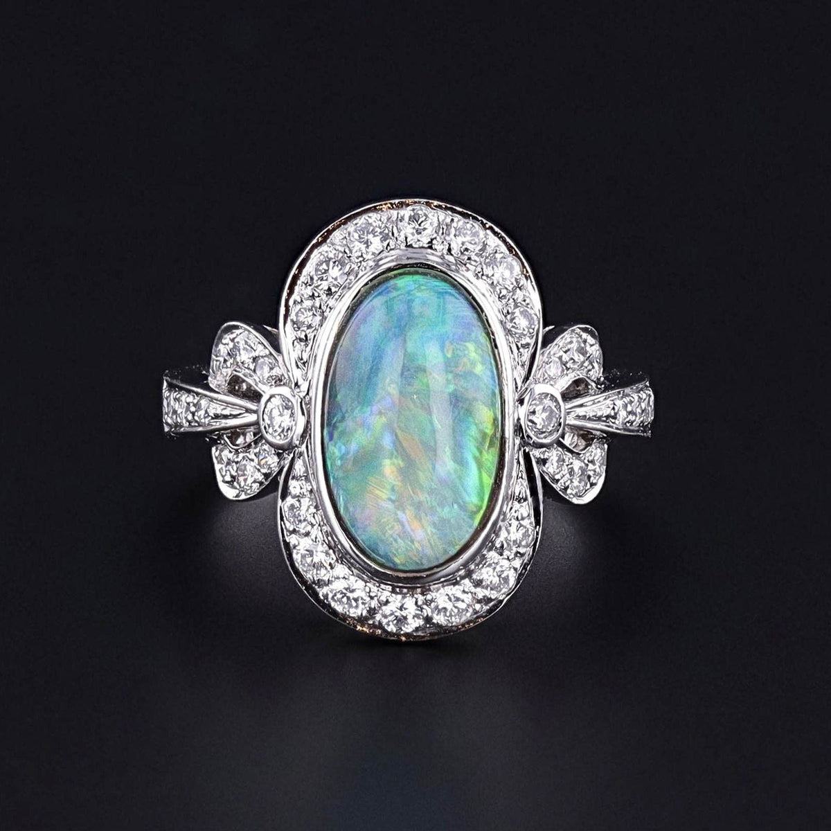 Semi Black Opal and Diamond Ring of 18k White Gold - Trademark Antiques