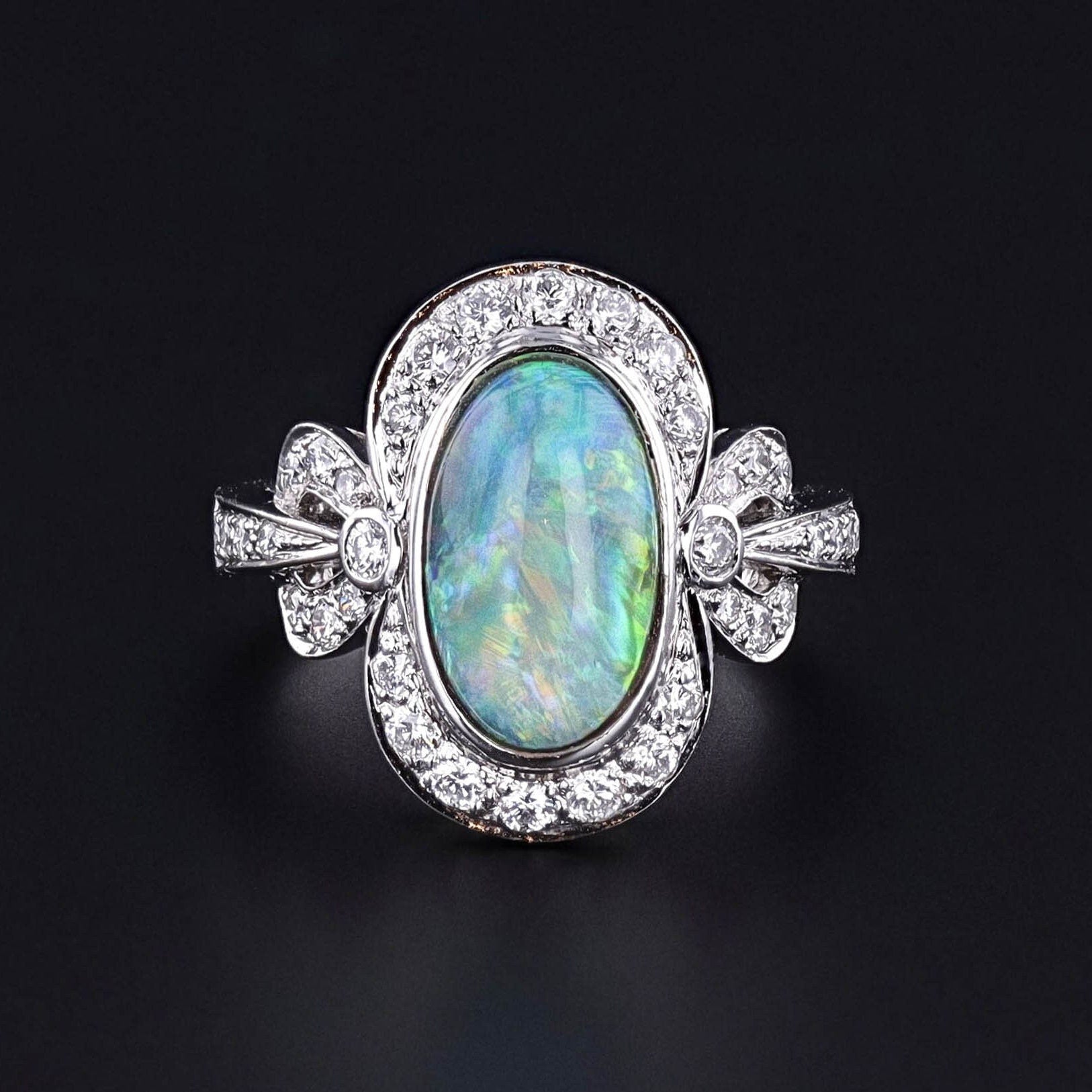 Semi Black Opal and Diamond Ring of 18k White Gold - Trademark Antiques