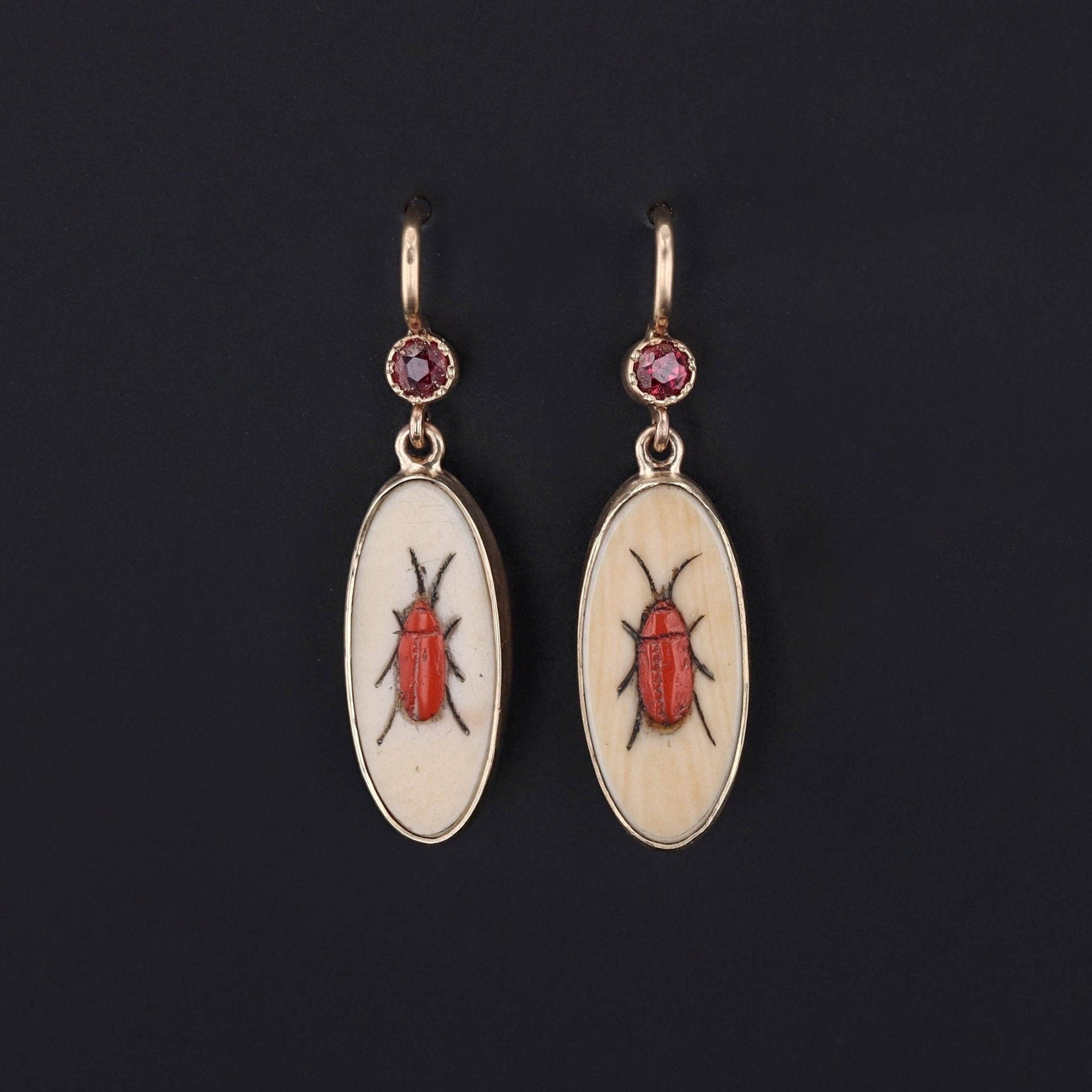 Shibayama Insect with Ruby Conversion Earrings in 14k Gold - Trademark Antiques