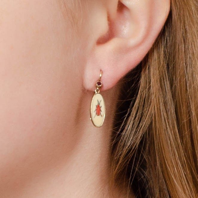 Shibayama Insect with Ruby Conversion Earrings in 14k Gold - Trademark Antiques