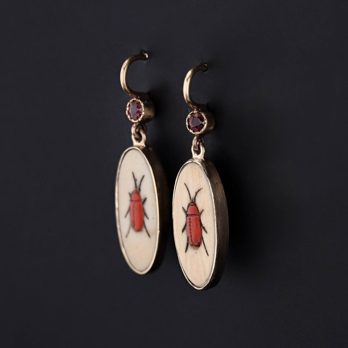 Shibayama Insect with Ruby Conversion Earrings in 14k Gold - Trademark Antiques