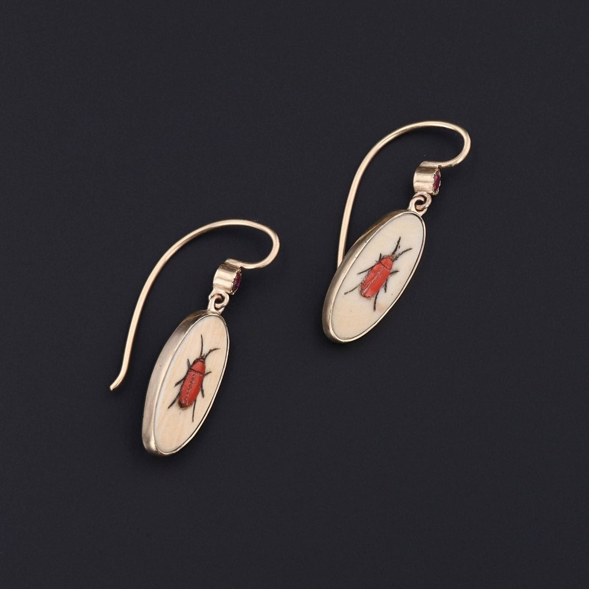 Shibayama Insect with Ruby Conversion Earrings in 14k Gold - Trademark Antiques