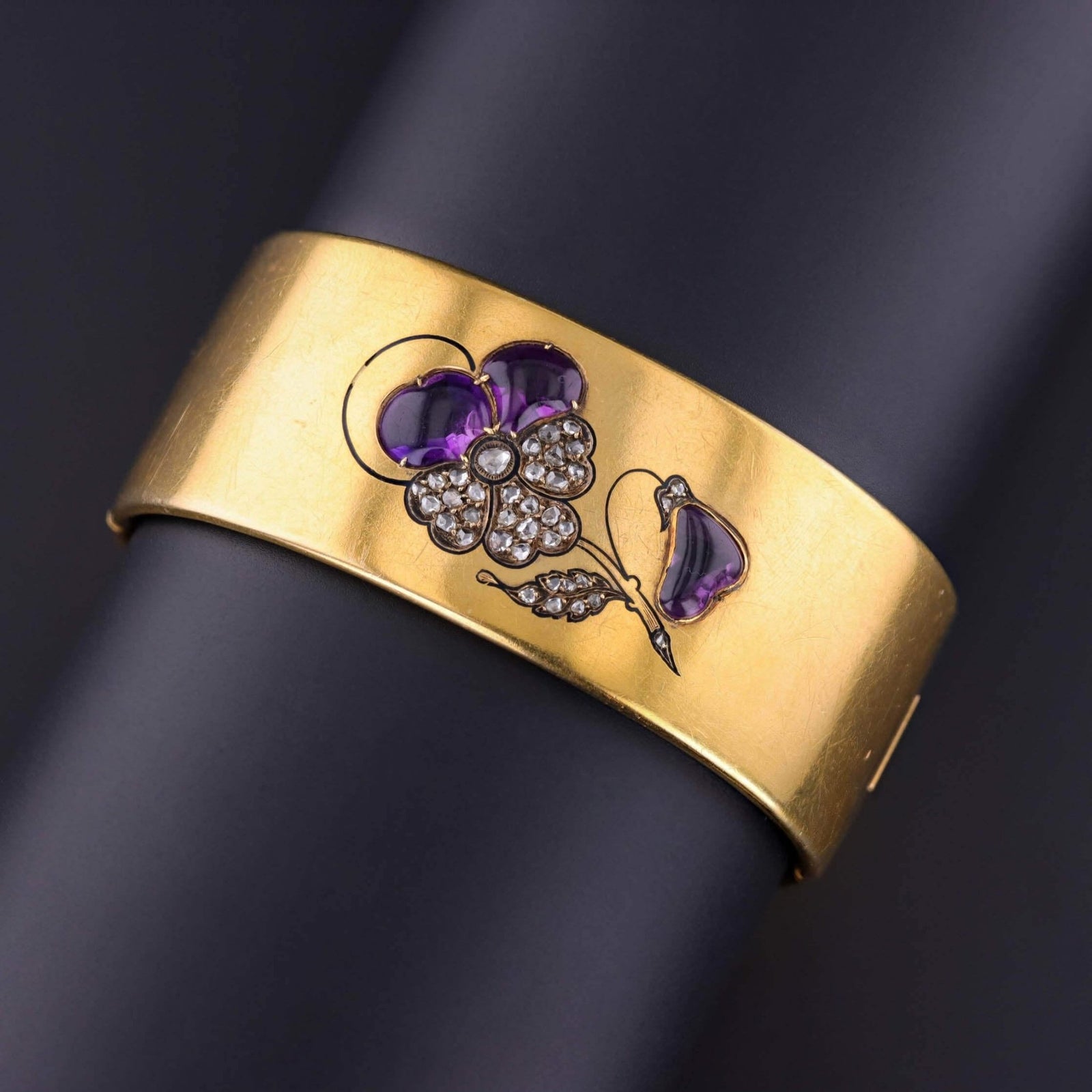 Victorian Amethyst and Diamond Pansy Bangle of 18k Gold - Trademark Antiques