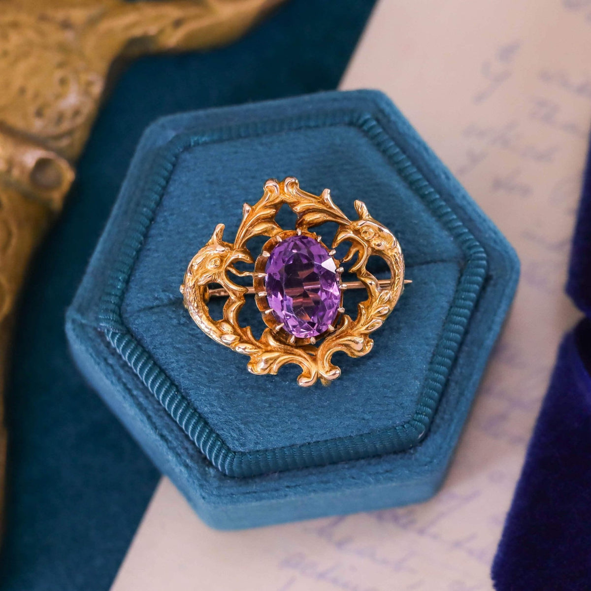 Victorian Amethyst Watch Pin of 12k Gold - Trademark Antiques