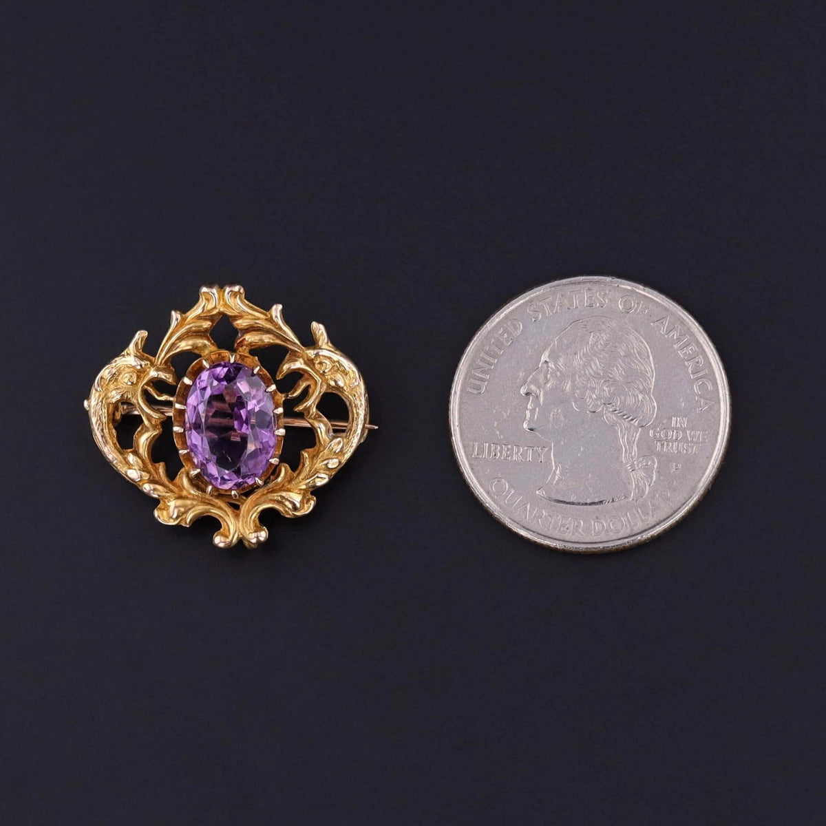 Victorian Amethyst Watch Pin of 12k Gold - Trademark Antiques