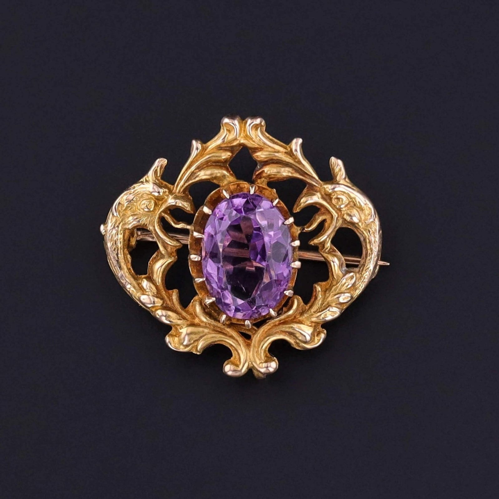 Victorian Amethyst Watch Pin of 12k Gold - Trademark Antiques