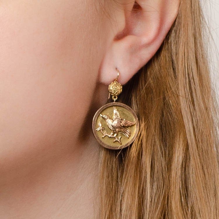 Victorian Bird Conversion Earrings of 14k Gold - Trademark Antiques