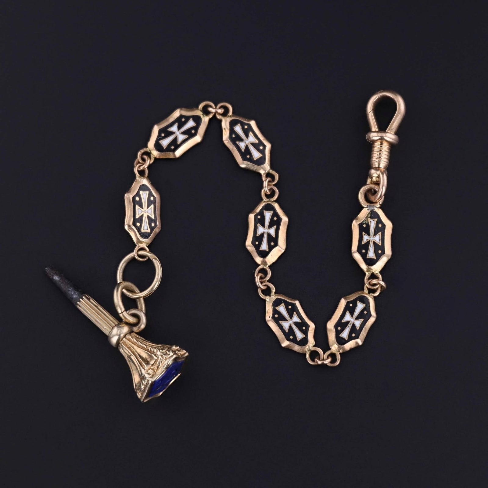 Victorian Black and White Enamel Watch Chain Extender - Trademark Antiques