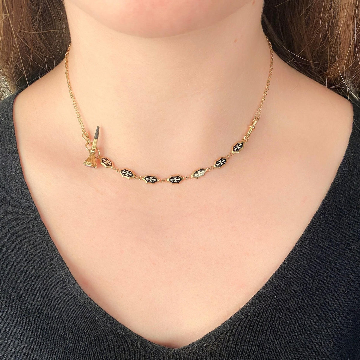 Victorian Black and White Enamel Watch Chain Extender - Trademark Antiques