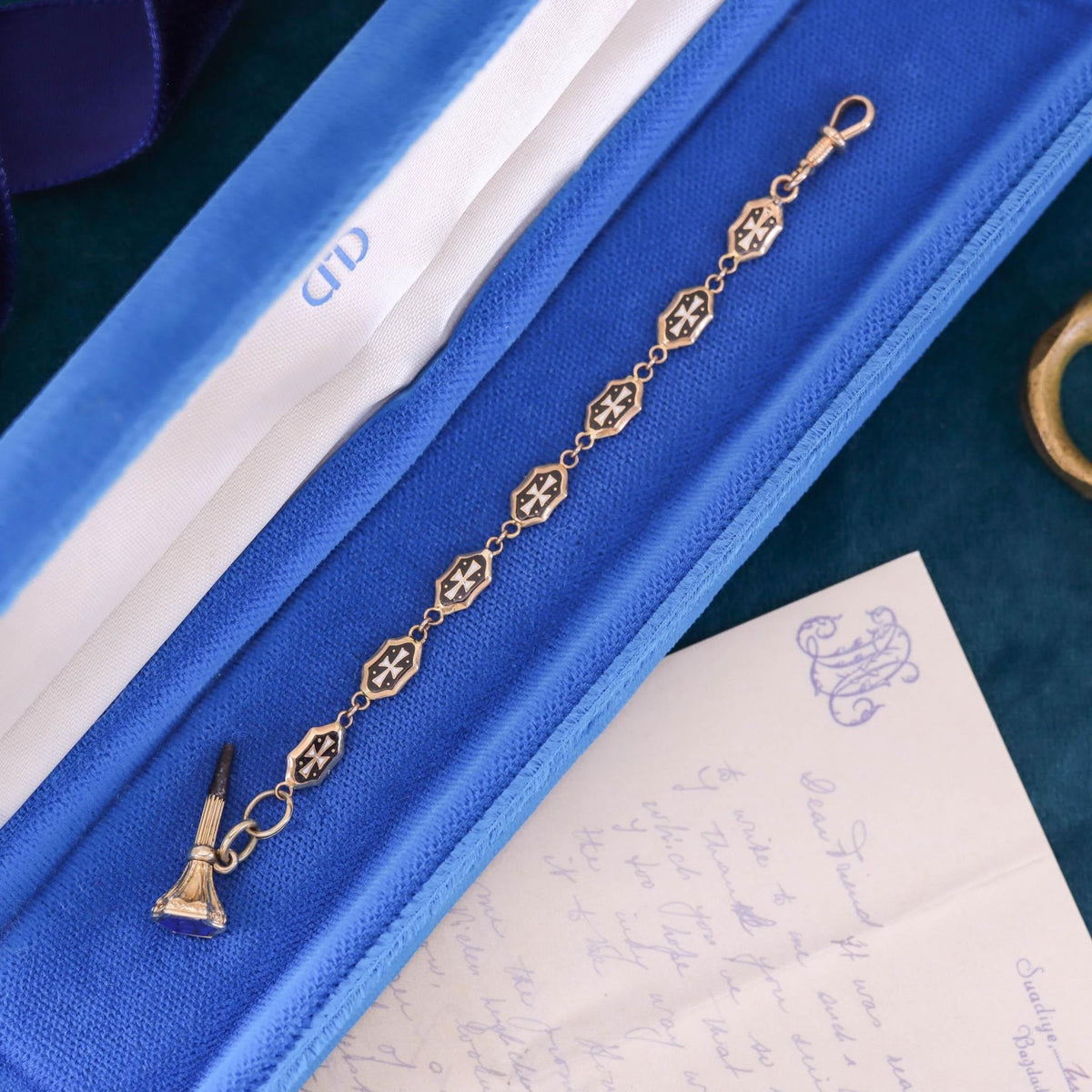 Victorian Black and White Enamel Watch Chain Extender - Trademark Antiques