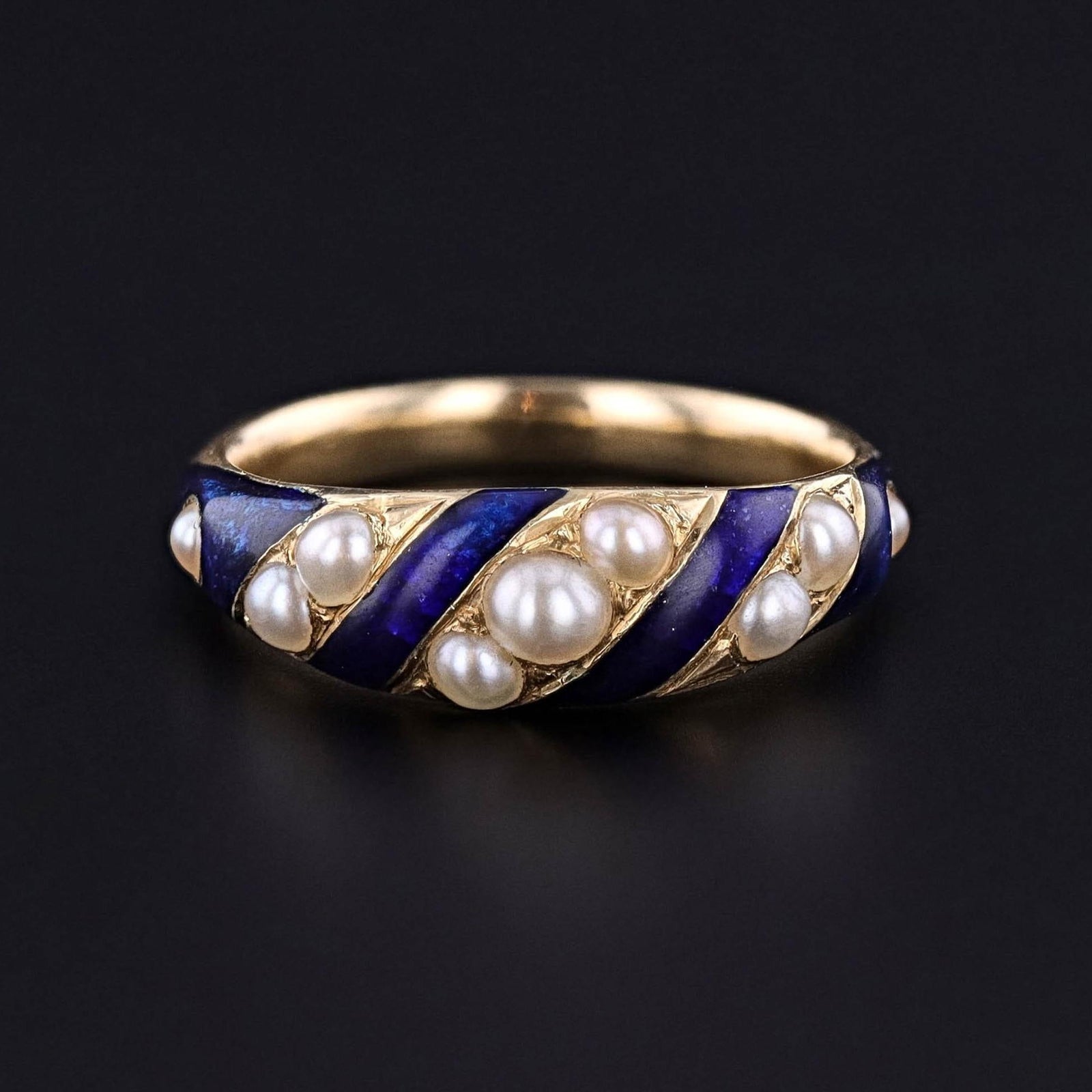 Victorian Blue Enamel & Pearl Locket Ring of 18k Gold - Trademark Antiques
