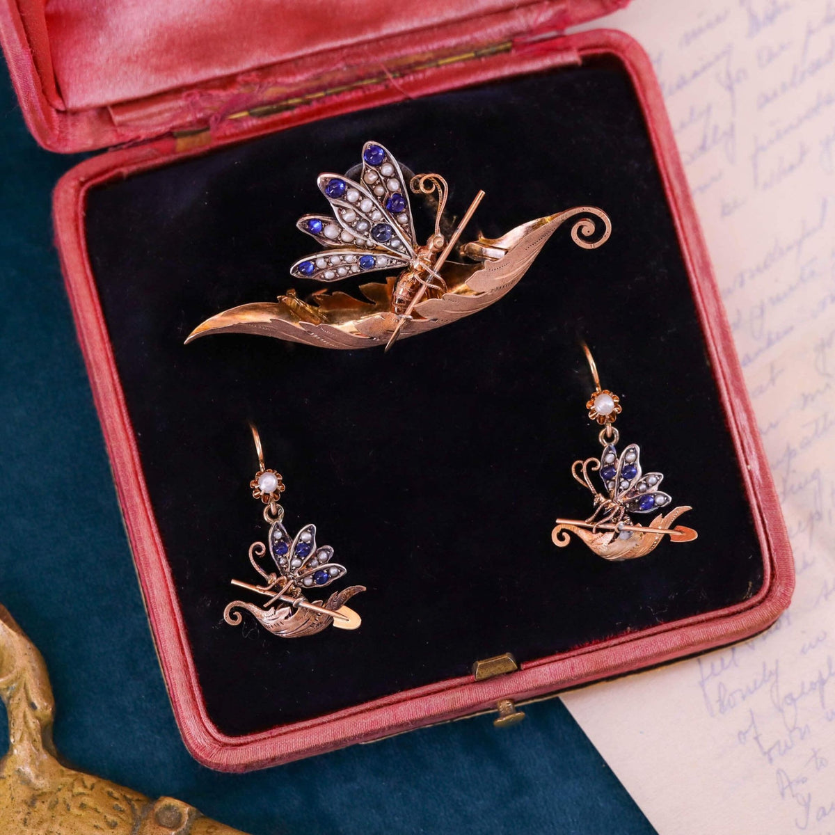 Victorian Butterfly Earrings and Brooch Set in Original Box - Trademark Antiques