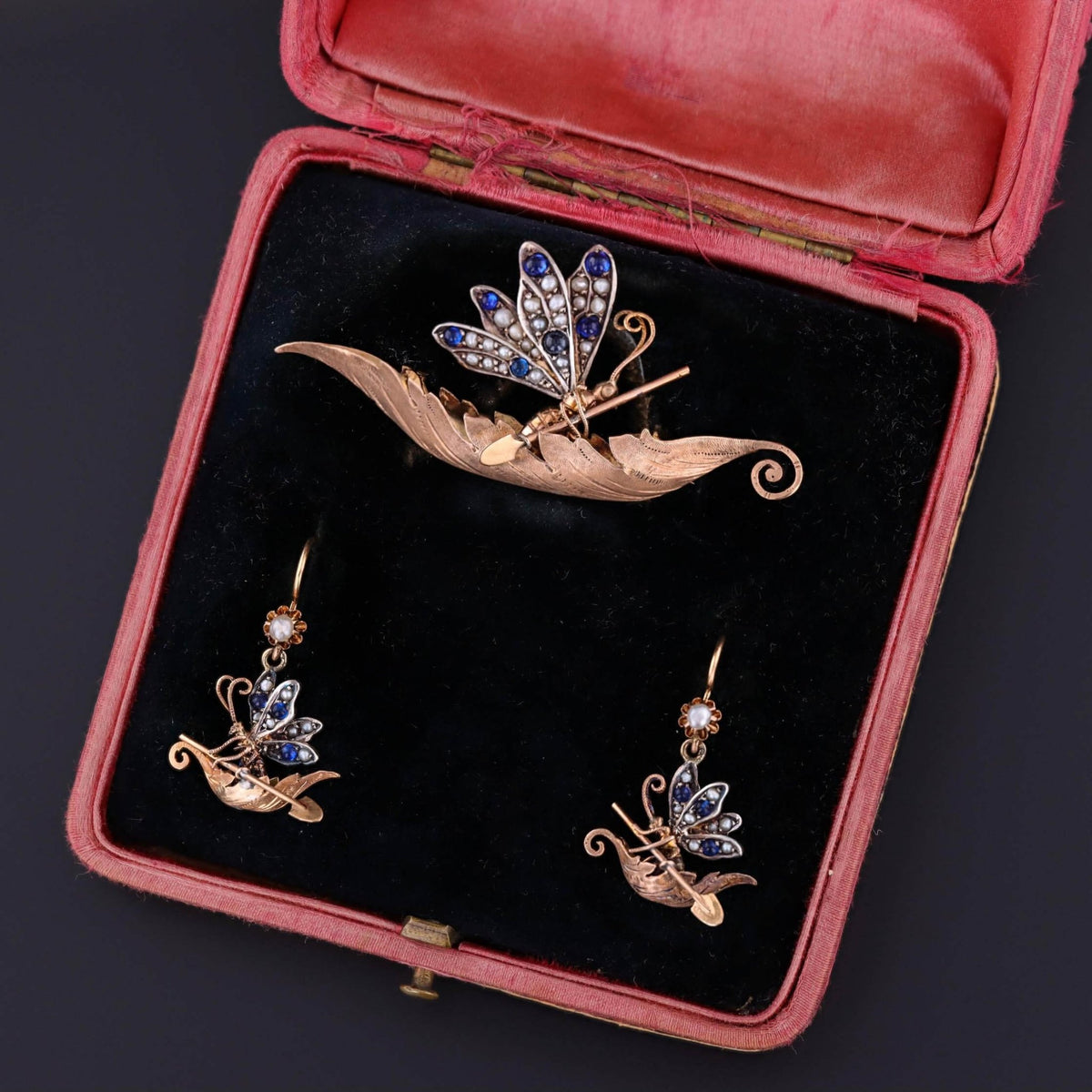 Victorian Butterfly Earrings and Brooch Set in Original Box - Trademark Antiques