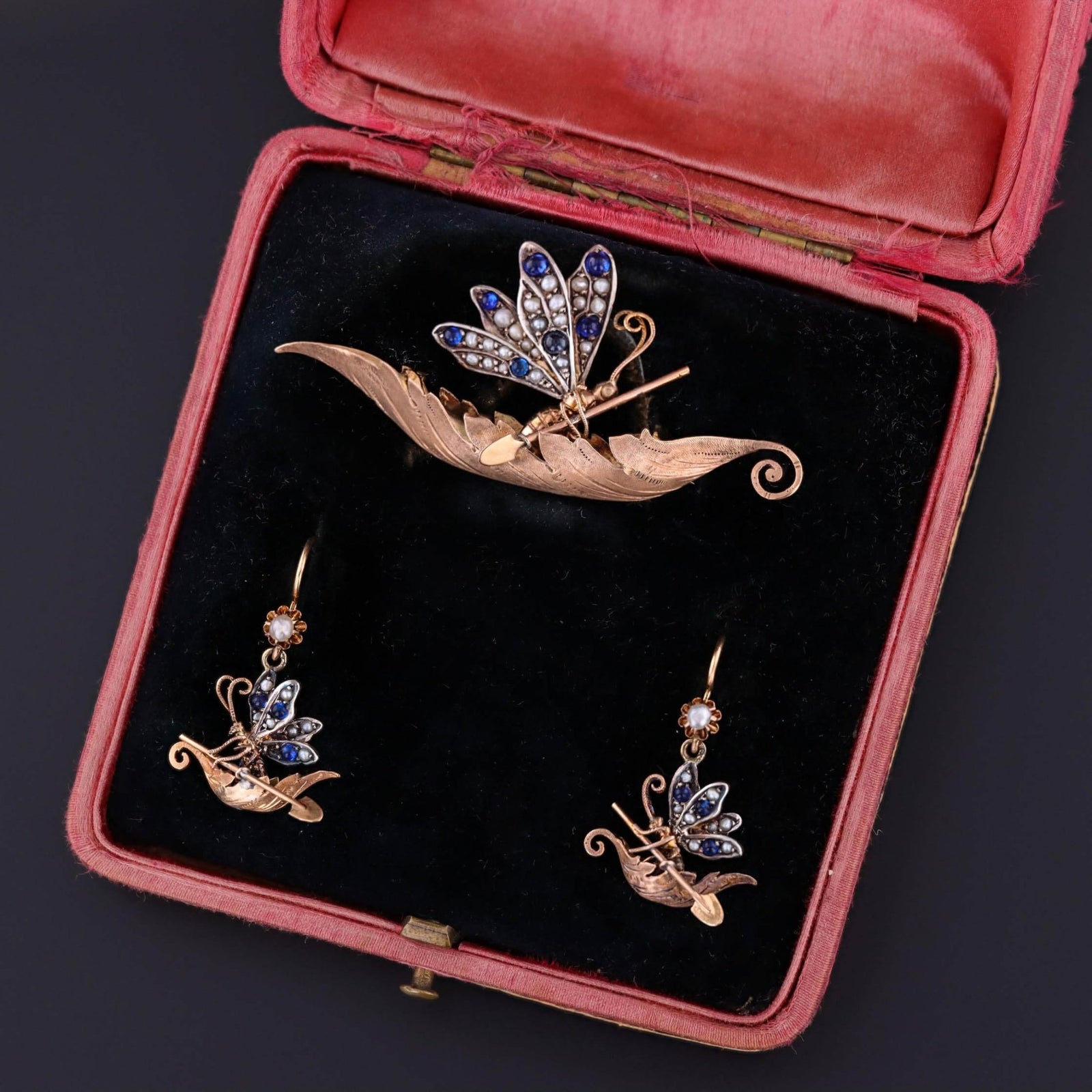 Victorian Butterfly Earrings and Brooch Set in Original Box - Trademark Antiques