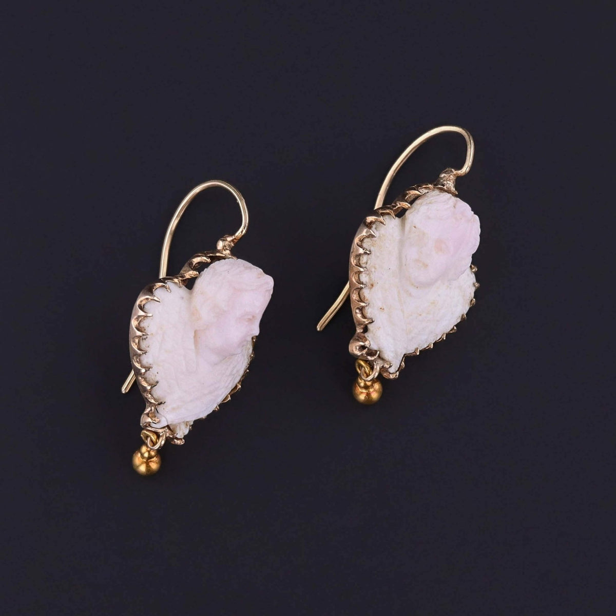 Victorian Carved Angel Skin Coral Cameo Cherub Earrings - Trademark Antiques