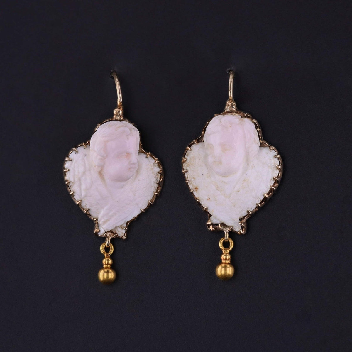 Victorian Carved Angel Skin Coral Cameo Cherub Earrings - Trademark Antiques