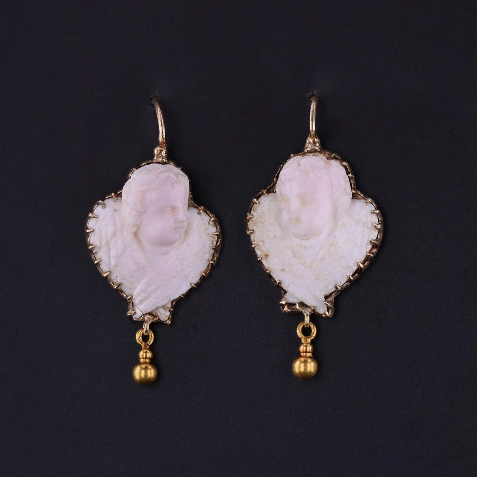 Victorian Carved Angel Skin Coral Cameo Cherub Earrings - Trademark Antiques