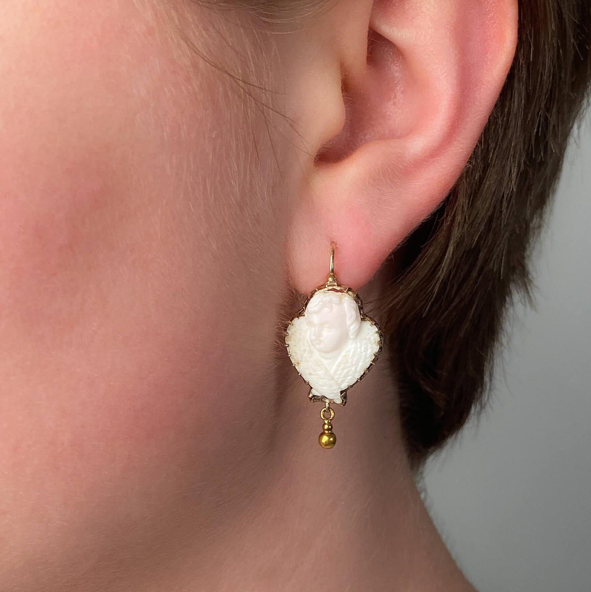Victorian Carved Angel Skin Coral Cameo Cherub Earrings - Trademark Antiques