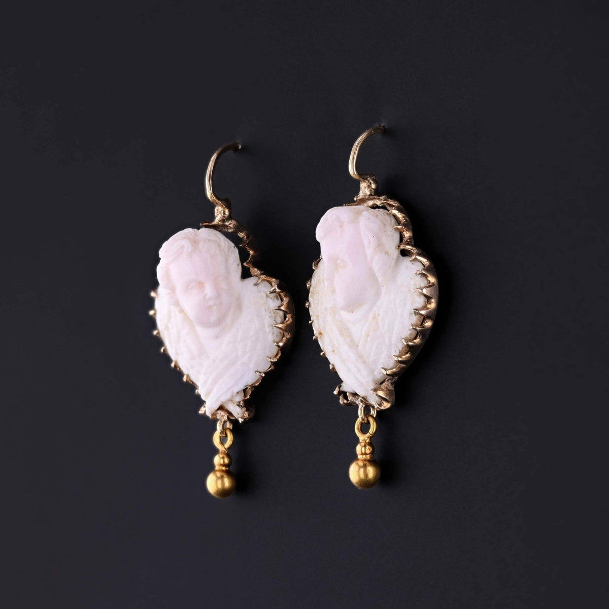 Victorian Carved Angel Skin Coral Cameo Cherub Earrings - Trademark Antiques